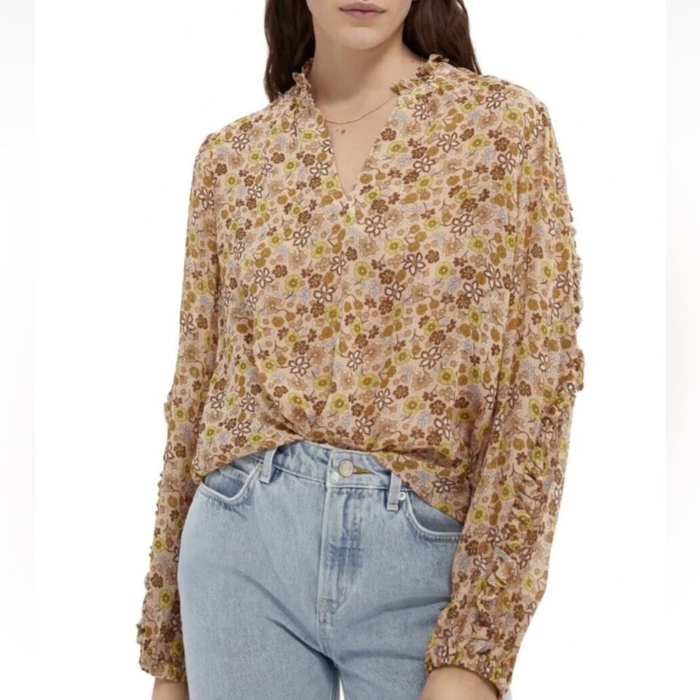 Scotch & Soda Tan Floral Print Sheer Blouse Size S